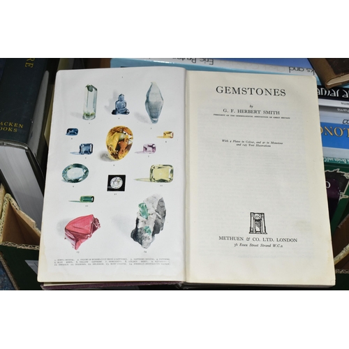 387 - THREE BOXES OF BOOKS, approximately sixty hard back books, subjects include jewellery, gemstones, si... 