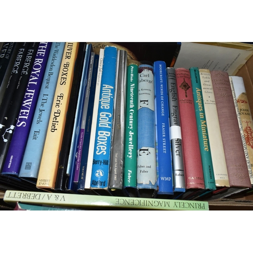 387 - THREE BOXES OF BOOKS, approximately sixty hard back books, subjects include jewellery, gemstones, si... 