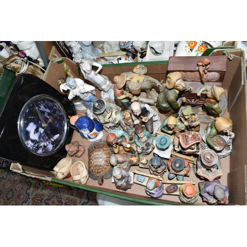 390 - TWO BOXES OF ORNAMENTS, CERAMICS AND TABLE LAMPS, a ceramic 'Elvis' wall clock, Elvis mirror, a West... 