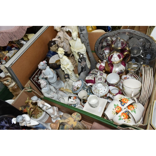 390 - TWO BOXES OF ORNAMENTS, CERAMICS AND TABLE LAMPS, a ceramic 'Elvis' wall clock, Elvis mirror, a West... 