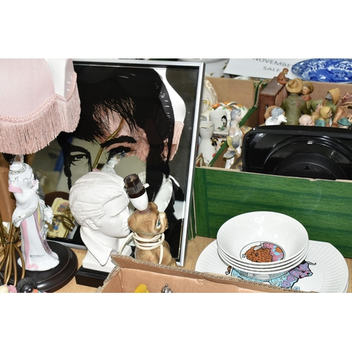 390 - TWO BOXES OF ORNAMENTS, CERAMICS AND TABLE LAMPS, a ceramic 'Elvis' wall clock, Elvis mirror, a West... 