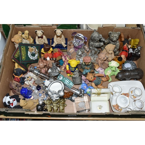 392 - THREE BOXES OF ORNAMENTS, to include a large collection of 'Teddy Bear' ornaments, a pewter 'First T... 