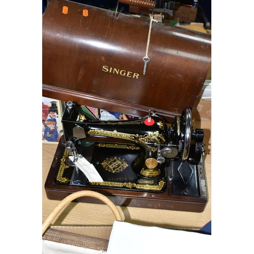 398 - A BOX AND LOOSE SEWING MACHINE AND LACE MAKING EQUIPMENT, to include a wooden cased Singer sewing ma... 