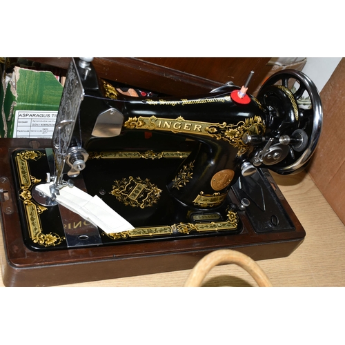 398 - A BOX AND LOOSE SEWING MACHINE AND LACE MAKING EQUIPMENT, to include a wooden cased Singer sewing ma... 