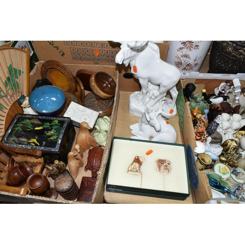 400 - THREE BOXES AND LOOSE CERAMICS, TREEN AND SUNDRY ORNAMENTS, to include a boxed Harmony Kingdom 'Rule... 