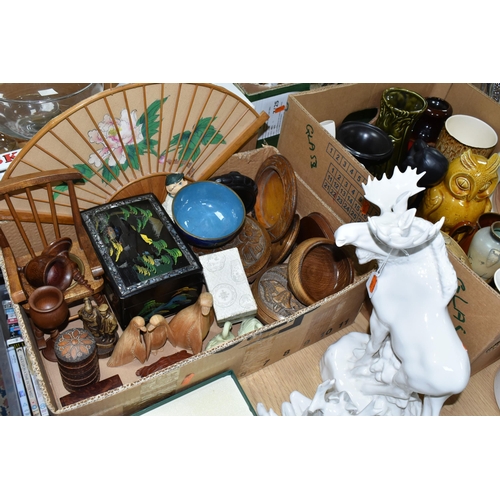 400 - THREE BOXES AND LOOSE CERAMICS, TREEN AND SUNDRY ORNAMENTS, to include a boxed Harmony Kingdom 'Rule... 