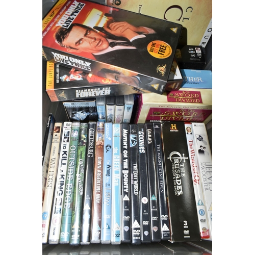 402 - FIVE BOXES OF DVDS, over one hundred titles to include feature films, classic films, TV and movie bo... 