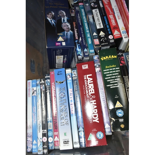 402 - FIVE BOXES OF DVDS, over one hundred titles to include feature films, classic films, TV and movie bo... 