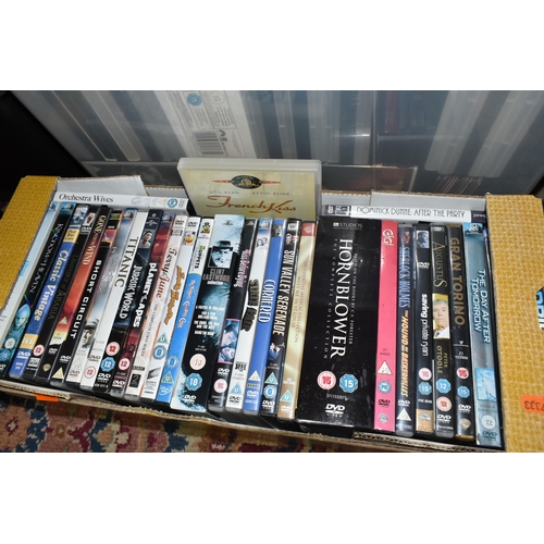 402 - FIVE BOXES OF DVDS, over one hundred titles to include feature films, classic films, TV and movie bo... 