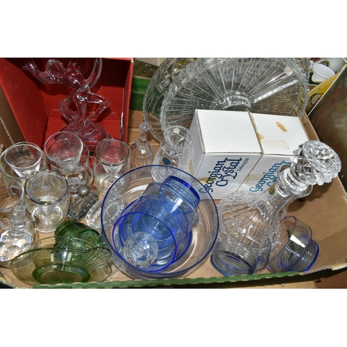 403 - FIVE BOXES OF GLASS, CERAMICS AND SUNDRY ITEMS, to include a boxed Royal Crystal Rock 'Ofelia' Cryst... 