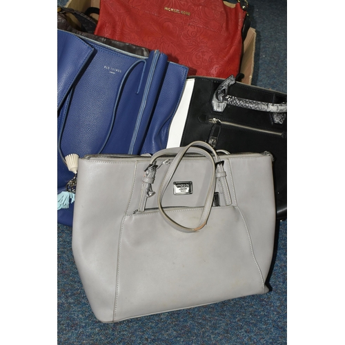 406 - A BOX OF HANDBAGS, to include six bags, brands to include Red Cuckoo, Clarks, and Marc B (1 box) (sd... 