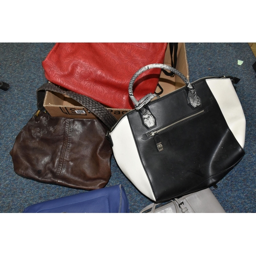 406 - A BOX OF HANDBAGS, to include six bags, brands to include Red Cuckoo, Clarks, and Marc B (1 box) (sd... 