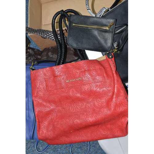 406 - A BOX OF HANDBAGS, to include six bags, brands to include Red Cuckoo, Clarks, and Marc B (1 box) (sd... 