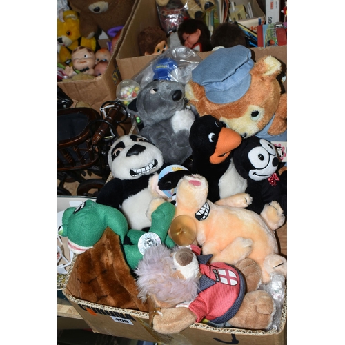 409 - FOUR BOXES AND LOOSE TOYS AND GAMES, to include three Monchhichi style monkeys, a similar jointed mo... 