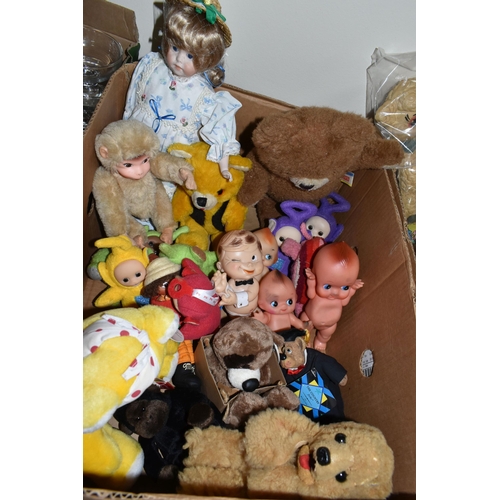 409 - FOUR BOXES AND LOOSE TOYS AND GAMES, to include three Monchhichi style monkeys, a similar jointed mo... 