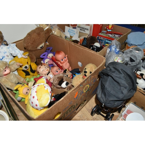 409 - FOUR BOXES AND LOOSE TOYS AND GAMES, to include three Monchhichi style monkeys, a similar jointed mo... 