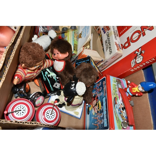 409 - FOUR BOXES AND LOOSE TOYS AND GAMES, to include three Monchhichi style monkeys, a similar jointed mo... 