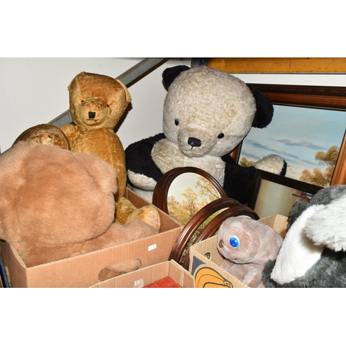 412 - THREE BOXES AND LOOSE GUITAR, BOOKS, PICTURES AND SOFT TOYS, to include an acoustic guitar with two ... 