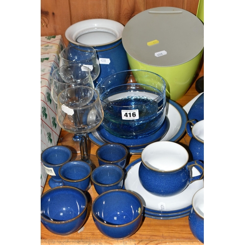 416 - A GROUP OF DENBY IMPERIAL BLUE AND OTHER DINNER WARES, to include Denby Imperial Blue: cheese/butter... 