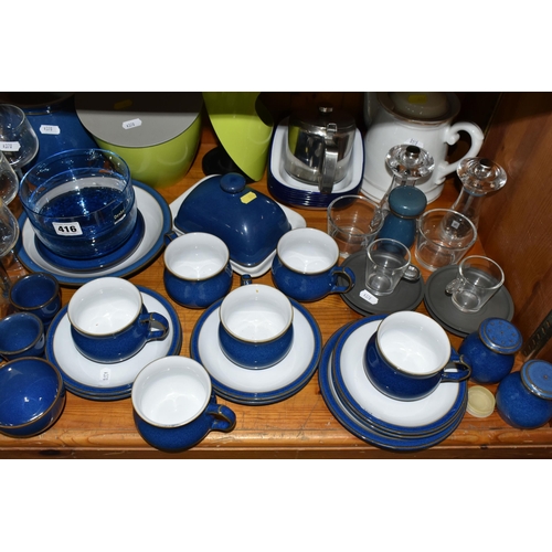 416 - A GROUP OF DENBY IMPERIAL BLUE AND OTHER DINNER WARES, to include Denby Imperial Blue: cheese/butter... 