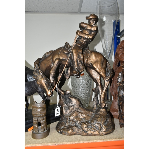 418 - A GROUP OF FIGURES, GLASS WARES, ETC, to include a bronzed resin Austin Sculpture of a cowboy on his... 