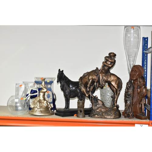 418 - A GROUP OF FIGURES, GLASS WARES, ETC, to include a bronzed resin Austin Sculpture of a cowboy on his... 