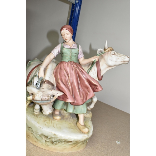 419 - A ROYAL DUX FIGURE OF A WOMAN LEADING OXEN, signed in mould 'Dobrich', bearing pink triangle backsta... 