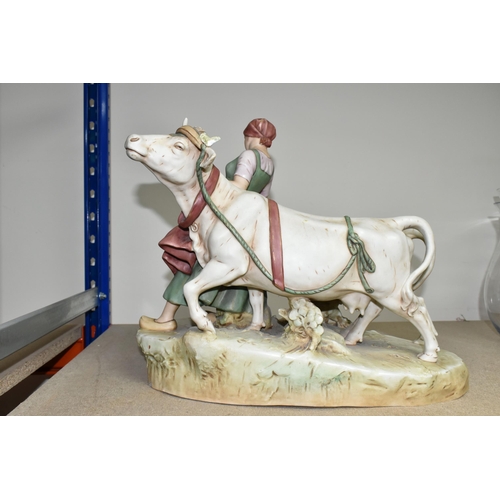 419 - A ROYAL DUX FIGURE OF A WOMAN LEADING OXEN, signed in mould 'Dobrich', bearing pink triangle backsta... 