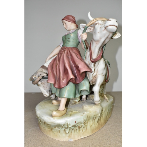 419 - A ROYAL DUX FIGURE OF A WOMAN LEADING OXEN, signed in mould 'Dobrich', bearing pink triangle backsta... 