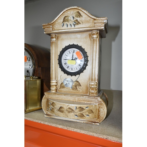 426 - A COLLECTION OF SEVEN MANTEL CLOCKS, comprising a large 1930s style wooden cased Westminster chimes ... 