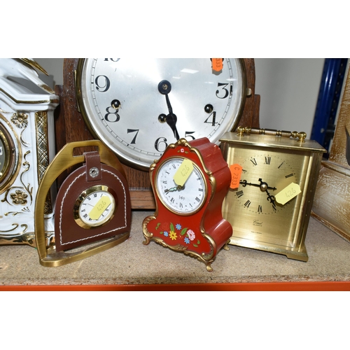 426 - A COLLECTION OF SEVEN MANTEL CLOCKS, comprising a large 1930s style wooden cased Westminster chimes ... 