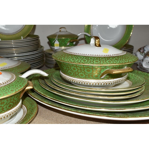 432 - A QUANTITY OF ASHWORTH BROTHERS IRONSTONE DINNERWARE, decorated with a vivid green band with gilt de... 