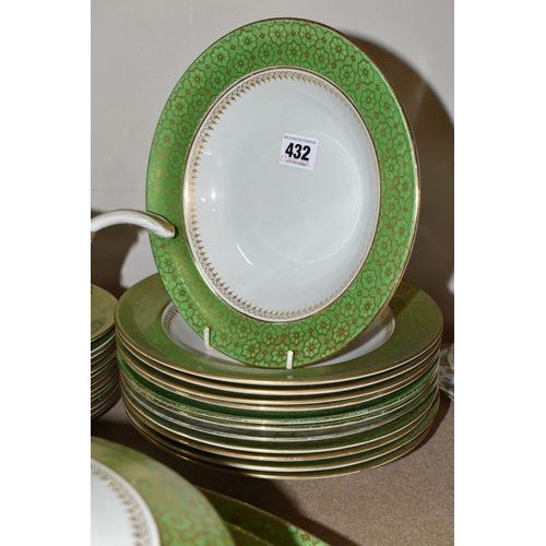 432 - A QUANTITY OF ASHWORTH BROTHERS IRONSTONE DINNERWARE, decorated with a vivid green band with gilt de... 