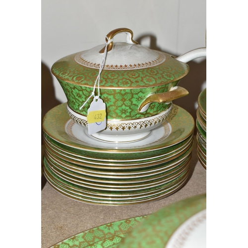 432 - A QUANTITY OF ASHWORTH BROTHERS IRONSTONE DINNERWARE, decorated with a vivid green band with gilt de... 