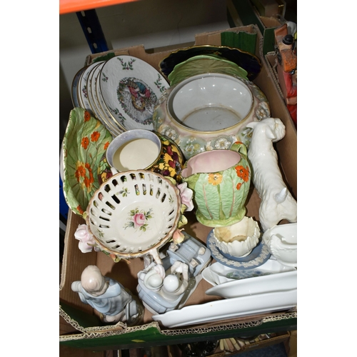 434 - THREE BOXES OF CERAMICS AND ORNAMENTS, to include Royal Doulton Christmas collector's plates, a Rubi... 