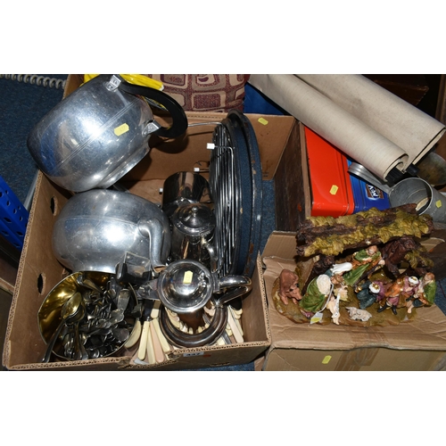 437 - THREE BOXES OF METALWARE AND MISCELLANEOUS SUNDRIES, to include two large Wan Bran 8pt stainless ste... 