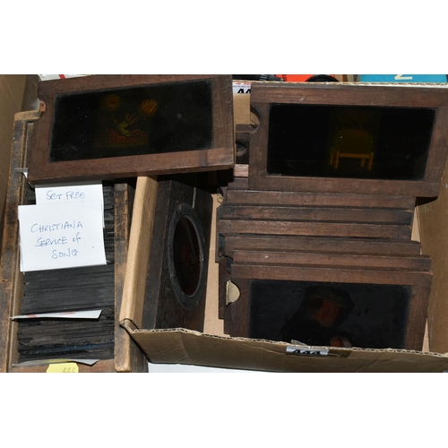 444 - TWO BOXES OF MAGIC LANTERN SLIDES / PHOTOGRAPHIC PLATES  comprising twelve 7   x 4   miscellaneous c... 