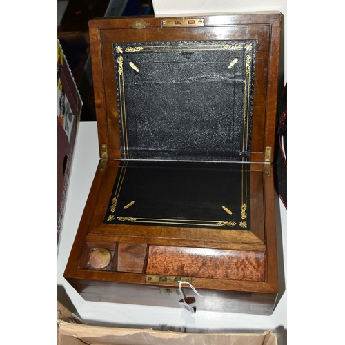 445 - A VICTORIAN WALNUT AND BRASS BOUND WRITING SLOPE, the interior fitted with tooled black leather writ... 