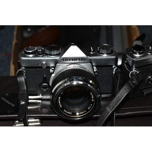 450 - A CAMERA BAG AND A BOX OF CAMERAS AND OTHER PHOTOGRAPHIC EQUIPMENT, including an Olympus OM-1 film c... 