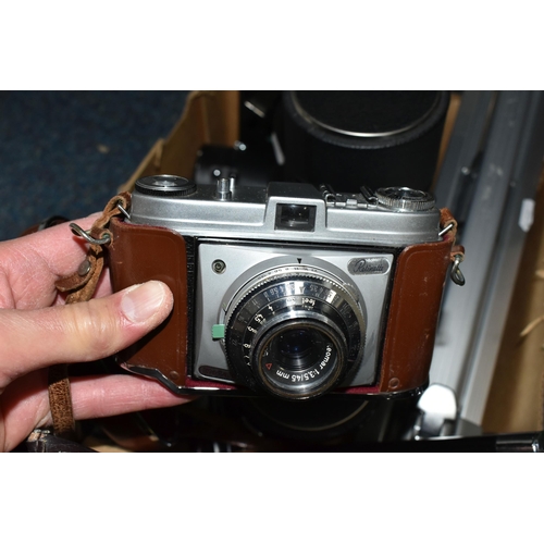 450 - A CAMERA BAG AND A BOX OF CAMERAS AND OTHER PHOTOGRAPHIC EQUIPMENT, including an Olympus OM-1 film c... 