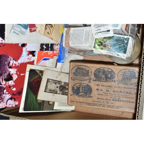 454 - ONE BOX OF EPHEMERA to include pipe bowls, 1966 World Cup signed photographs, a postcard album, ciga... 