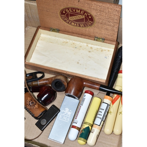 457 - ONE BOX OF SMOKING ITEMS comprising four pipes, two lighters, an empty cigar box, cigar matches, and... 