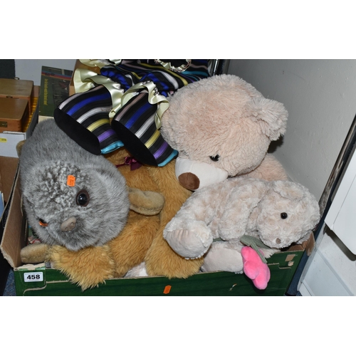 458 - A BOX AND LOOSE SOFT TOYS, BOARD GAMES, SPORTING EQUIPMENT, ETC, including a Merrythought seal, a sm... 