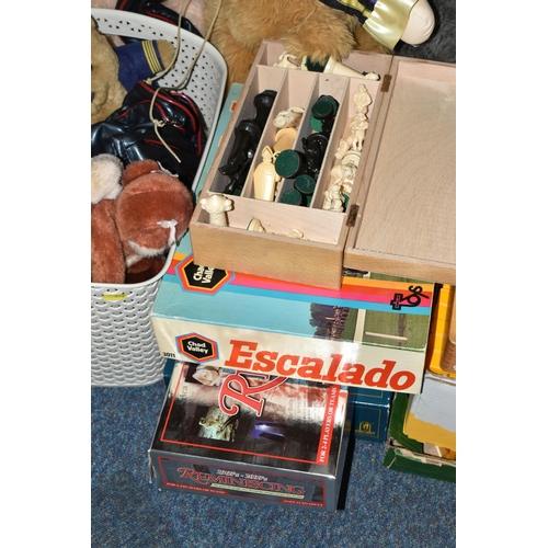 458 - A BOX AND LOOSE SOFT TOYS, BOARD GAMES, SPORTING EQUIPMENT, ETC, including a Merrythought seal, a sm... 