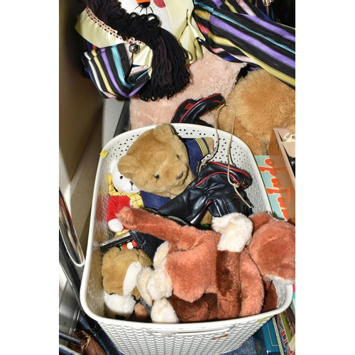 458 - A BOX AND LOOSE SOFT TOYS, BOARD GAMES, SPORTING EQUIPMENT, ETC, including a Merrythought seal, a sm... 