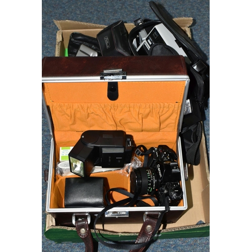 461 - ONE BOX OF VINTAGE CAMERAS, to include a hard cased Canon A-1 1590747 camera with instruction bookle... 