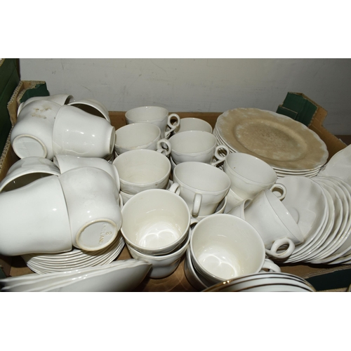 466 - FIVE BOXES OF TEA WARE, to include a large quantity of white Sydney- British Anchor tea cups, saucer... 