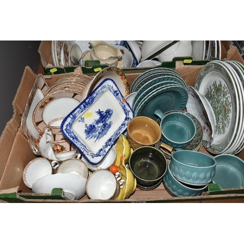 467 - THREE BOXES OF CERAMICS AND GLASSWARE, to include a boxed Stuart Crystal 'Cascade' design pedestal b... 