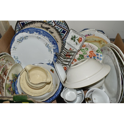 467 - THREE BOXES OF CERAMICS AND GLASSWARE, to include a boxed Stuart Crystal 'Cascade' design pedestal b... 