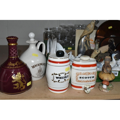 470 - TWO BOXES OF ORNAMENTS AND GLASSWARE, to include two Doulton Lambeth Ware jugs, a Mackinlay's Scotch... 